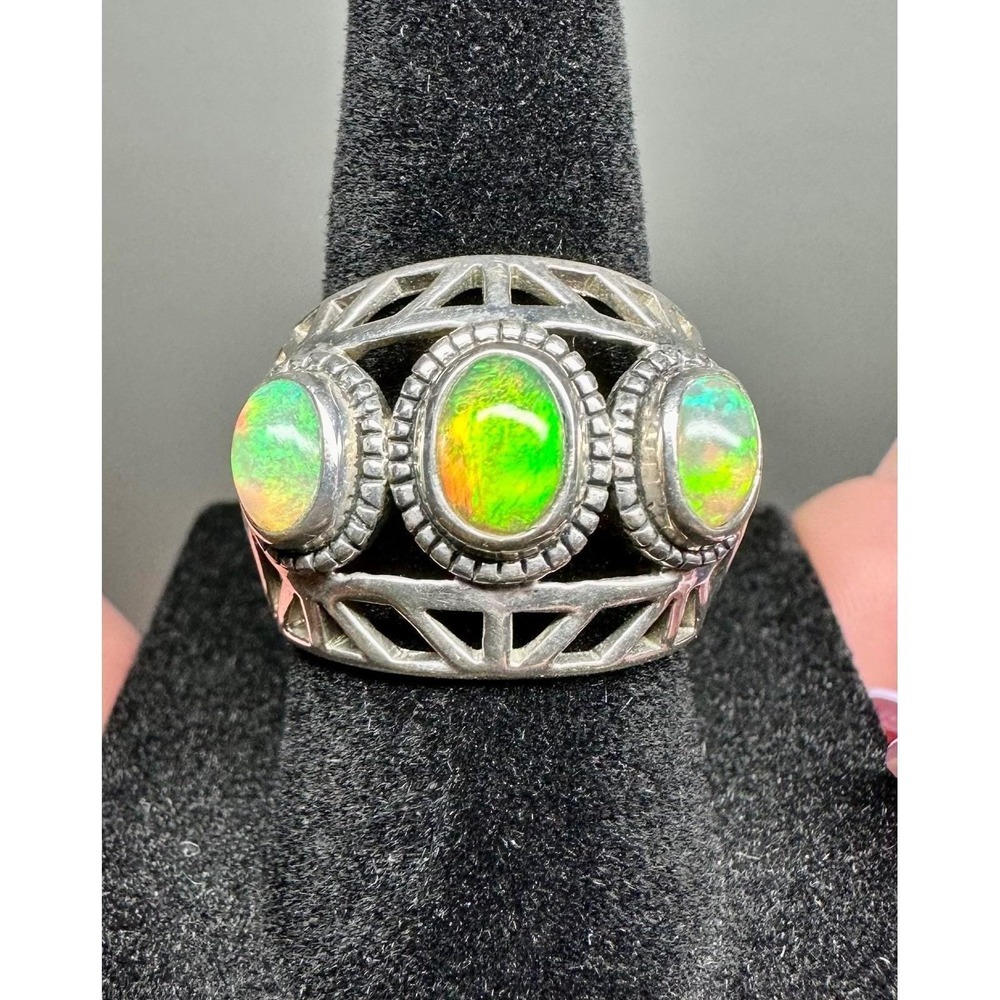 SJ 925 Sterling Silver Ethiopian Triple Cabochon Opal Ring Fire Opal VTG Size 6